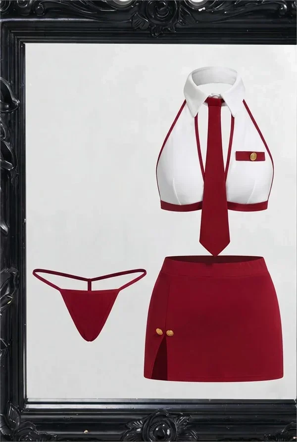 Şık Tasarım Bordo Yırtmaçlı Mini Etek ve Boyundan Bağlamalı Büstiyer Hostes Kostümü görsel 5