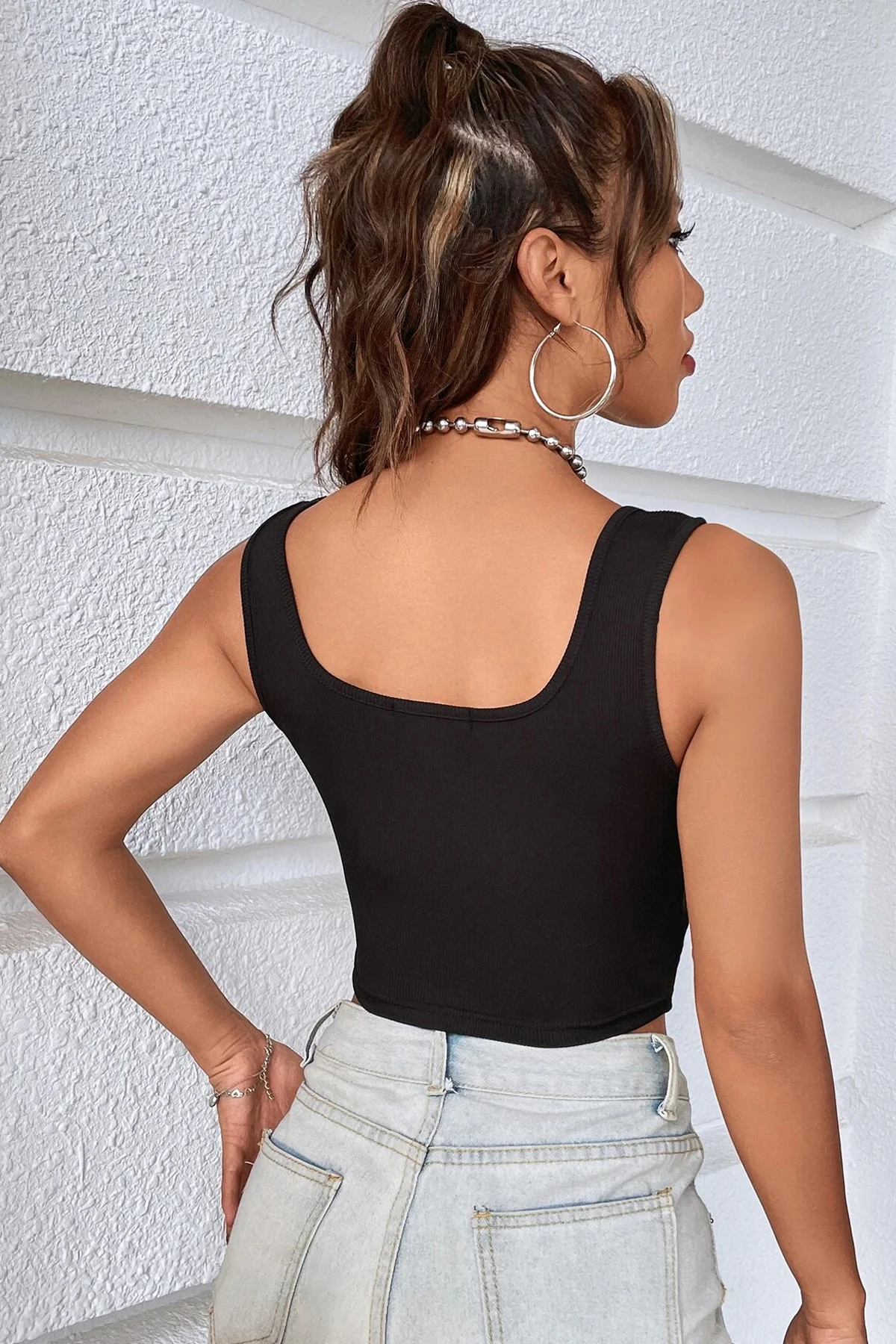Kadın Siyah Göbek Dekolteli Crop Top Bluz görsel 2