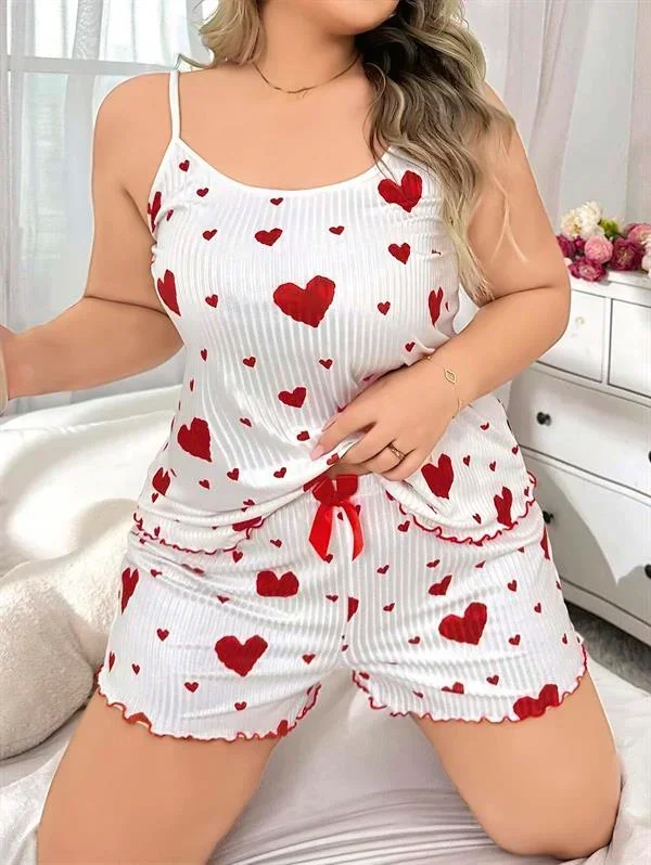 Büyük Beden Kalp Desen Pamuklu Şortlu Pijama Takımı