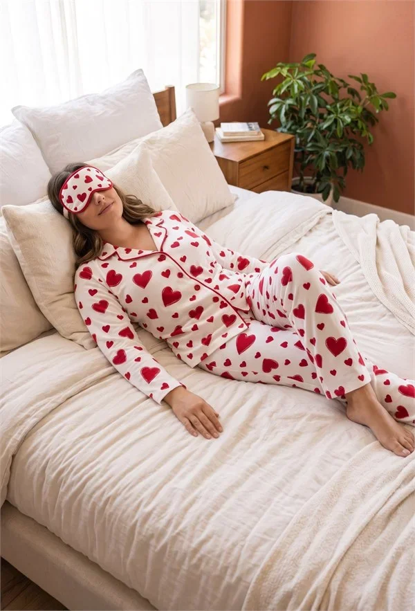 Pamuklu Yumuşak Dokulu Büyük Beden Kırmızı Kalp Desenli Biyeli Düğmeli Uzun Kollu Pijama Takımı görsel 3