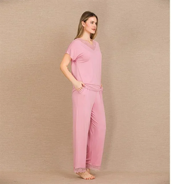 Viskon Şık Tasarım Dantel İşlemeli Pembe Kısa Kol Pijama Takımı görsel 2