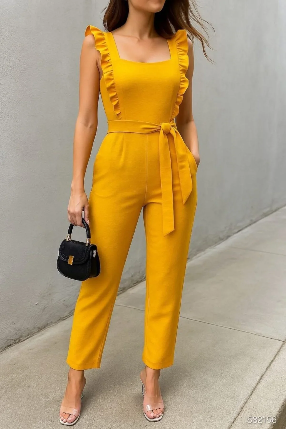 Kadın Tül Kumaş Kare Yaka Kuşaklı Tulum