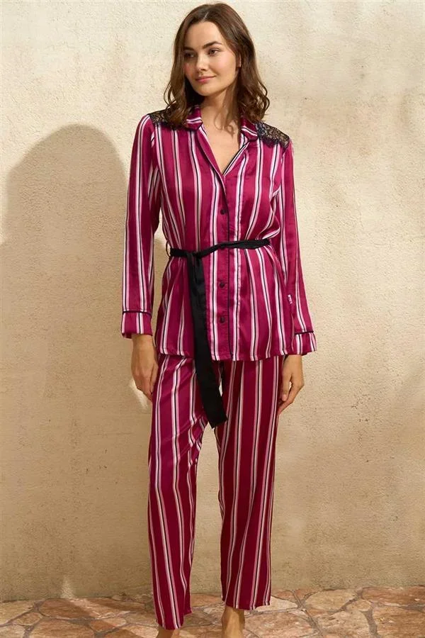 Saten Çizgili Düğmeli Uzun Kol Dantelli Gömlek ve Pantolon Pijama Takım (9765)