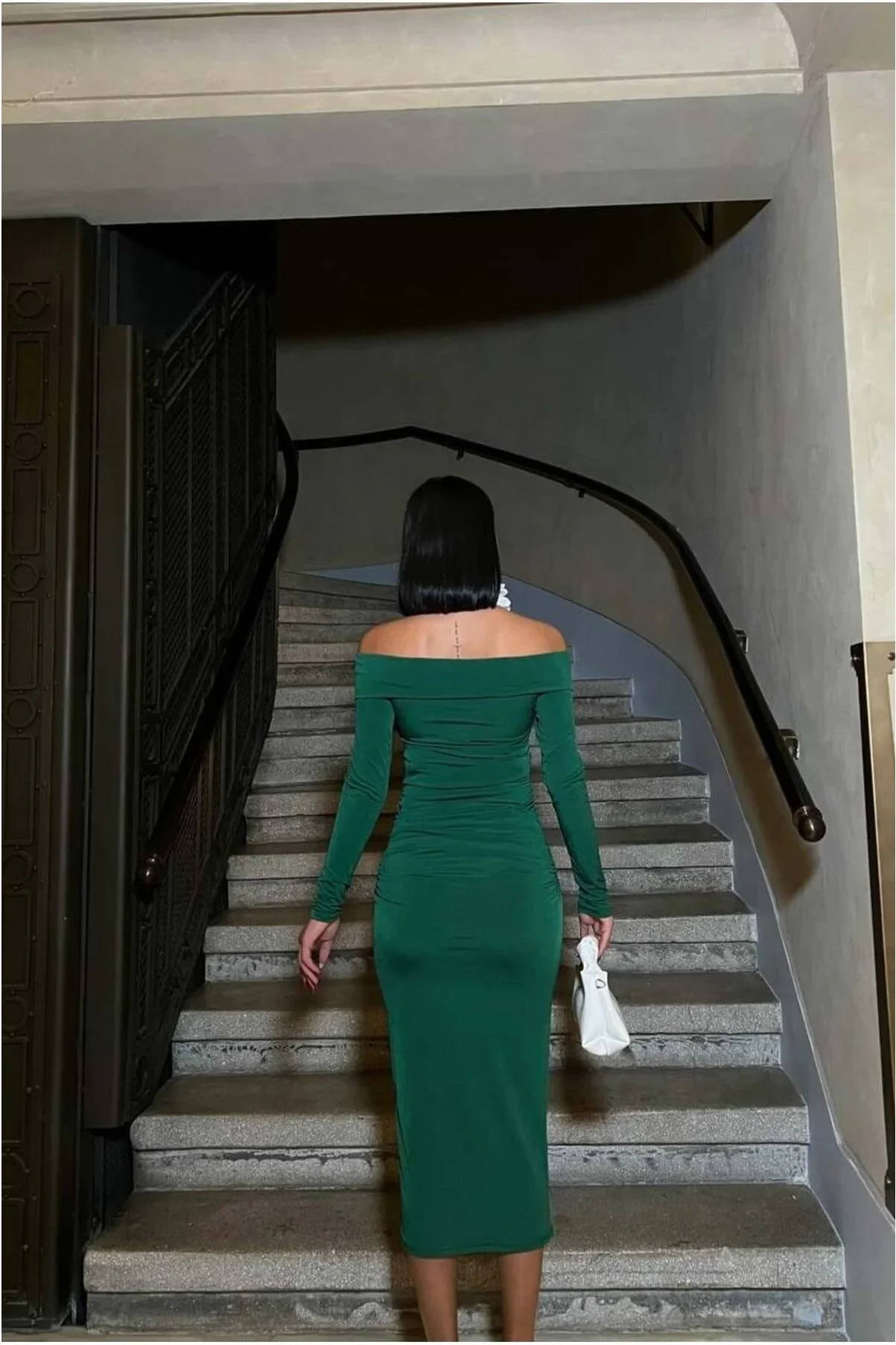 Kadın Özel Tasarım Kayık Yaka Drapeli Midi Uzun Kollu Abiye Elbise görsel 4