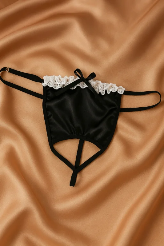Kadın Siyah Beyaz Fiyonk Detaylı Saten G-String