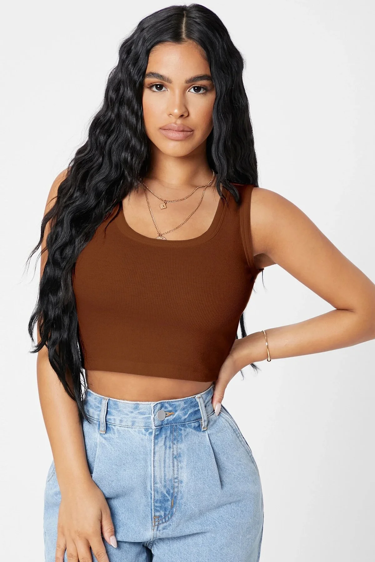 Kadın Kahverengi Kare Yaka Crop Top Bluz görsel 4