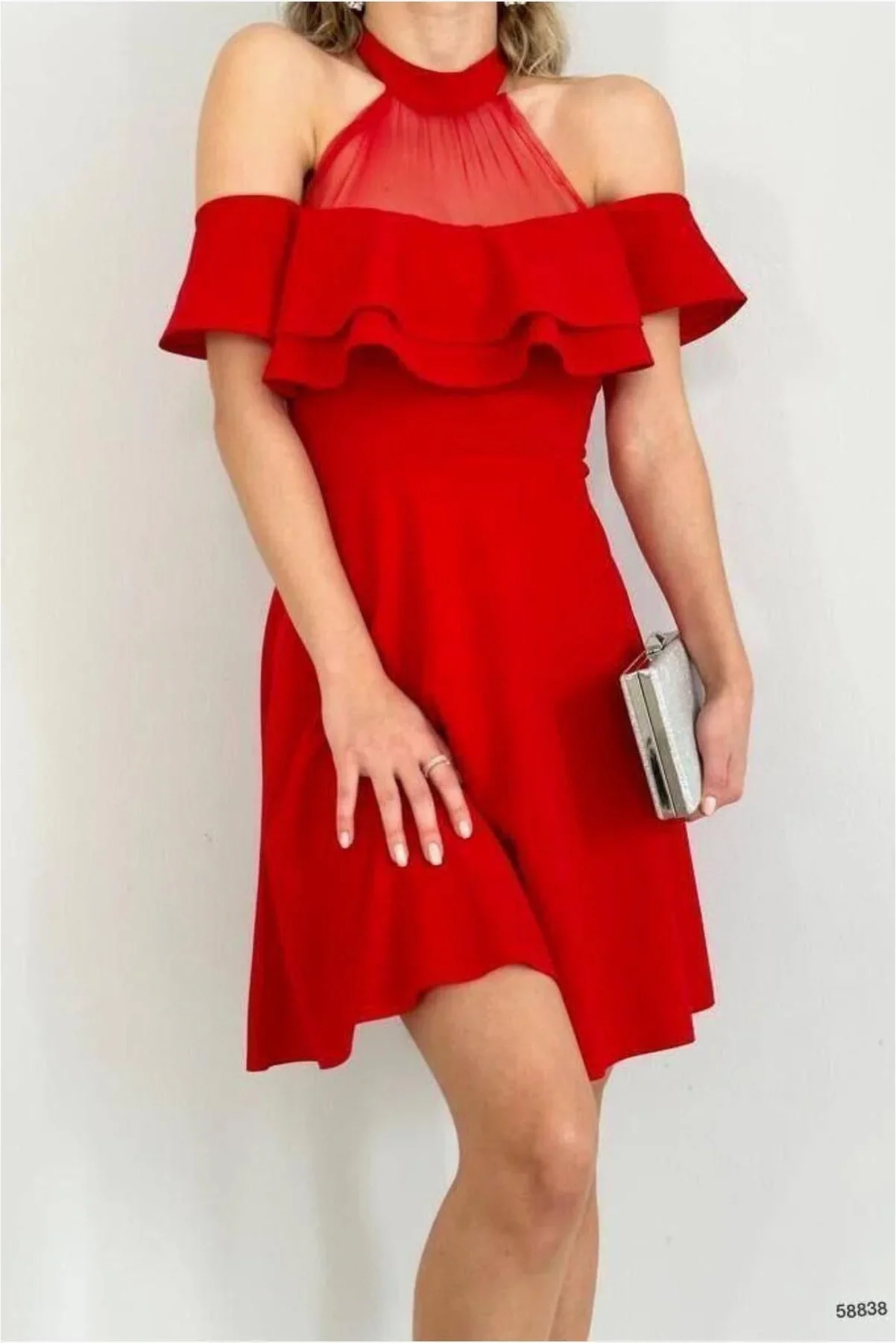 Tül Volanlı Elbise Kayık Yaka Mini Kumaş görsel 2