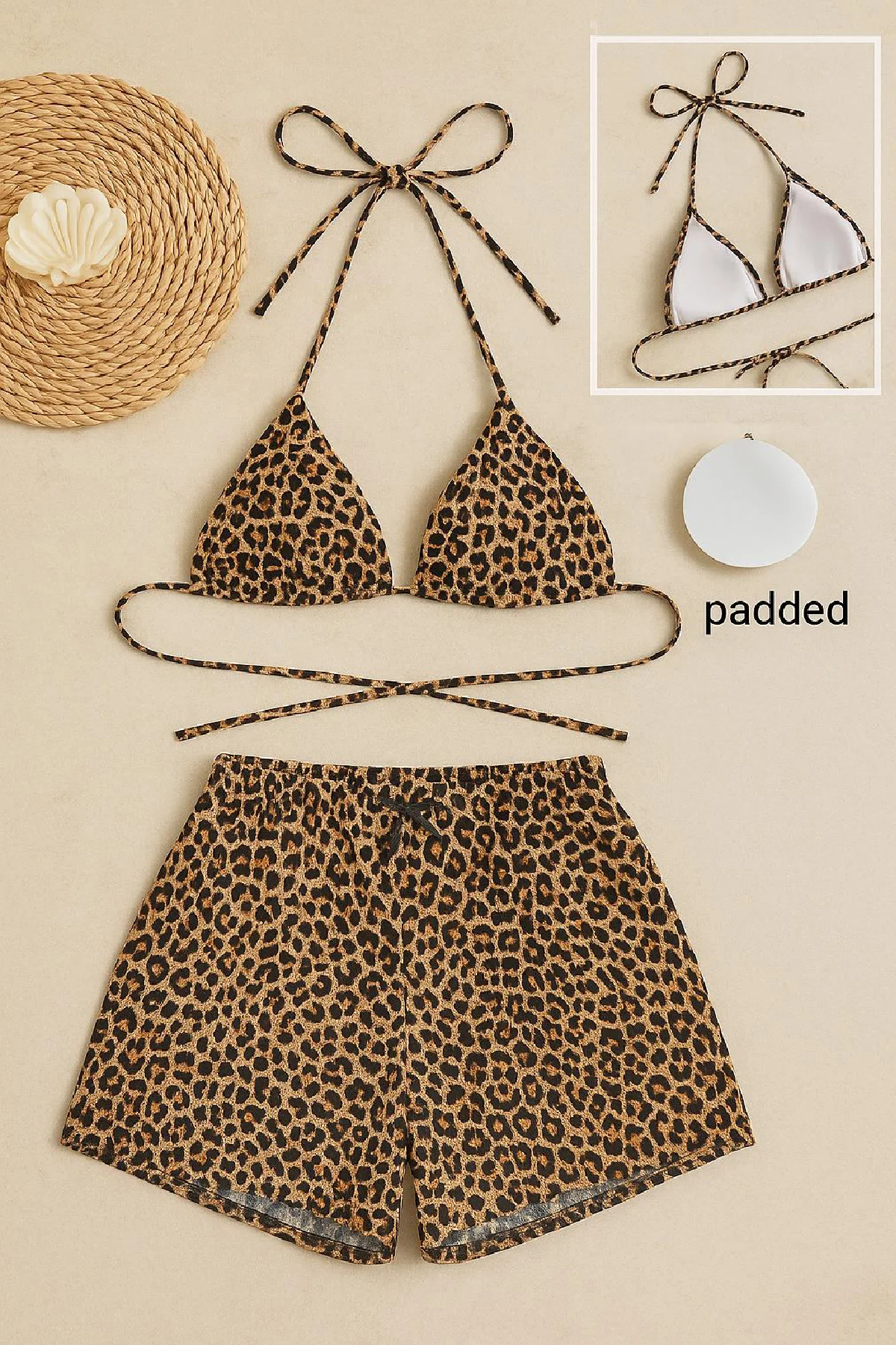Kadın Leopar Desenli Şortlu Belden ve Boyundan Bağlamalı Bikini Takımı görsel 4