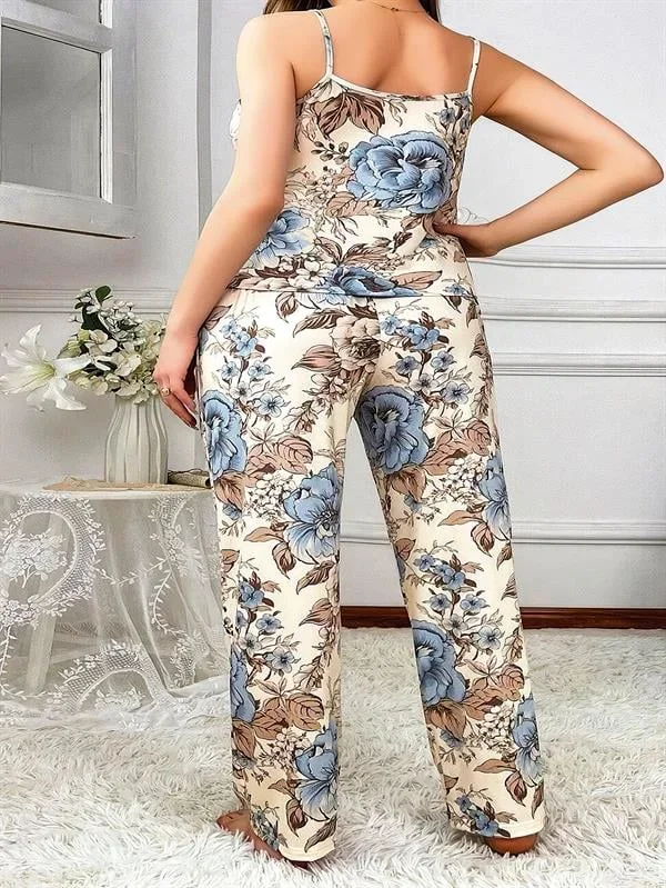 Büyük Beden Mavi Çiçek Desenli İnce Askılı 2'li Saten Pijama görsel 2