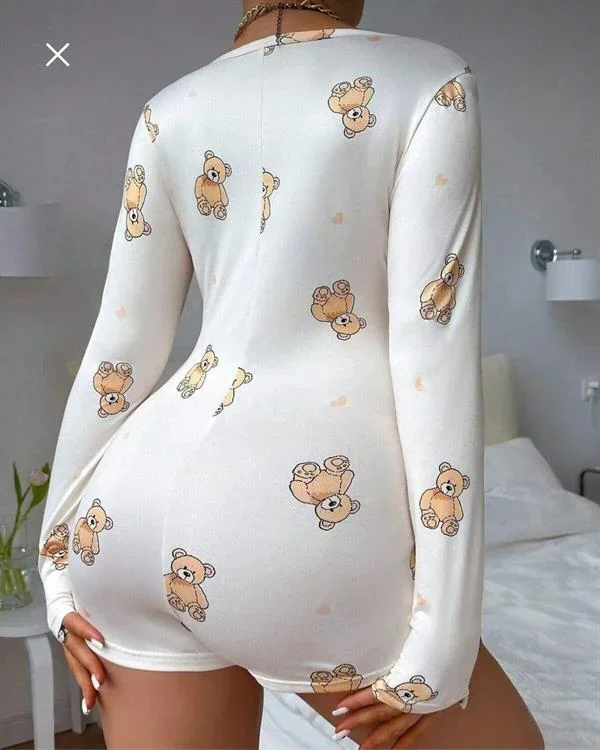 Pamuklu Beyaz Ayıcık Desenli Düğmeli Uzun Kol Tulum Pijama görsel 3