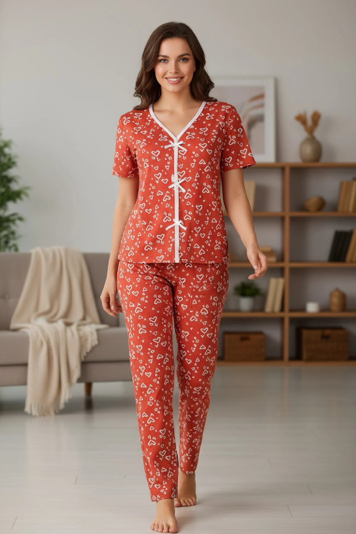 Kadın Turuncu Kalp Desenli Fiyonklu Kısa Kollu Uzun Pijama Takımı görsel 3