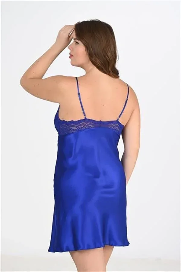 Premium Büyük Beden Saten Dantel İşlemeli Saks 2'li Gecelik Sabahlık Takımı Bigsize görsel 3