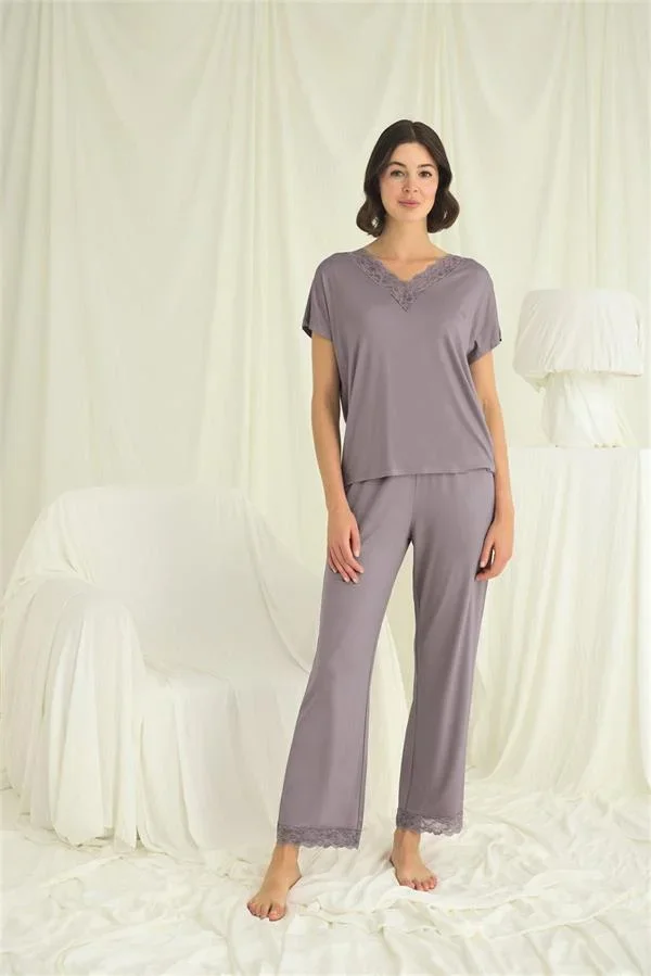 Kısa Kollu V Yakalı Dantelli Pijama Takımı görsel 2