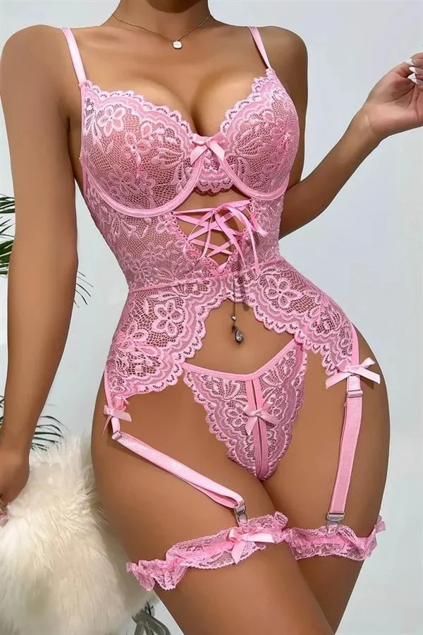 Özel Tasarım Dantelli Pembe Jartiyer Takımı görsel 3
