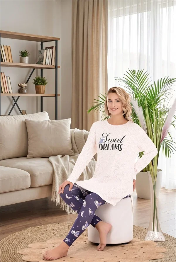 Şık Tasarım Ay Yıldız Desenli Yumuşak Dokulu Viskon Kumaş Sweet Dreams Yazılı 2'li Pijama Takımı görsel 2