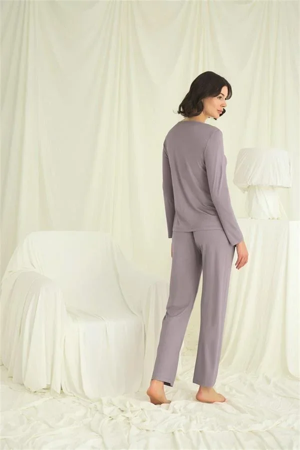 Yakası Kolu ve Omzu Dantelli Boydan Düğmeli Pijama Takımı görsel 6