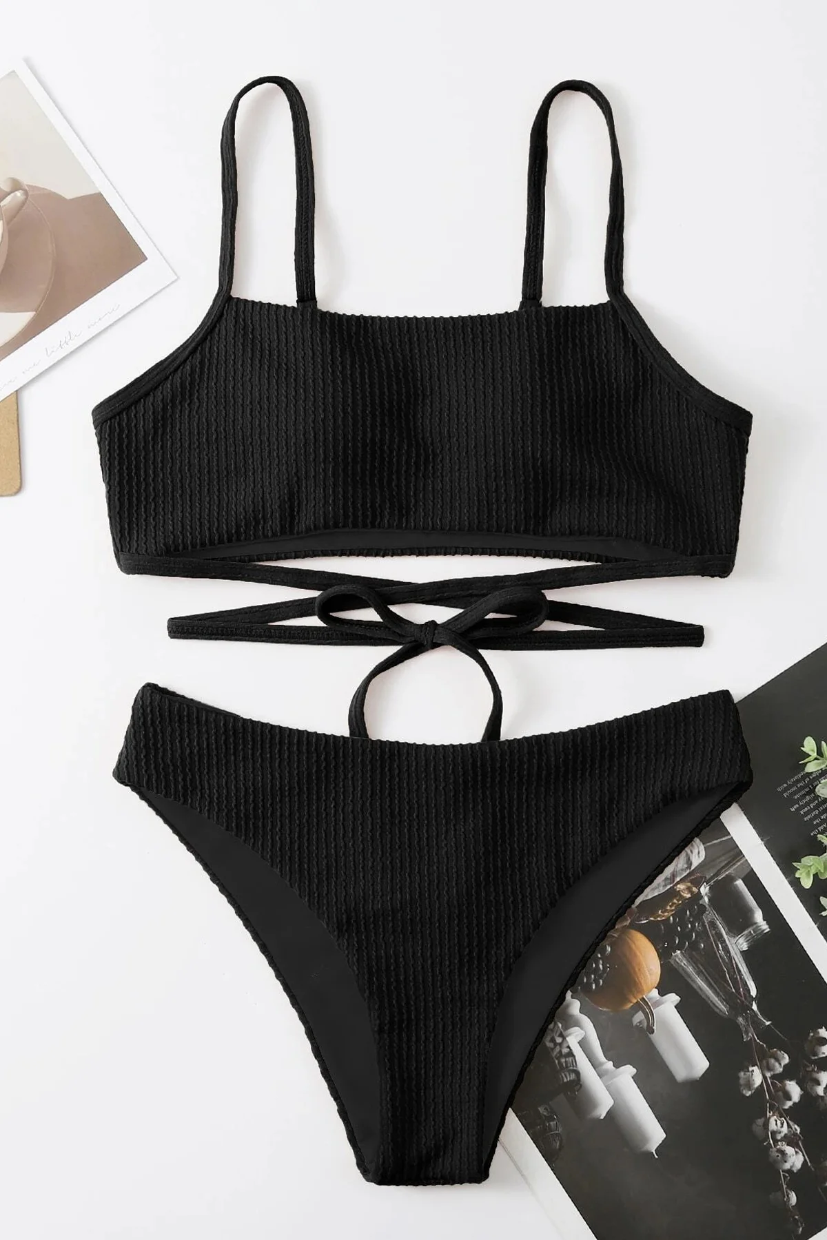 Kadın Siyah Çapraz Bağlama Detaylı Yüksek Bel Bikini Takımı görsel 4