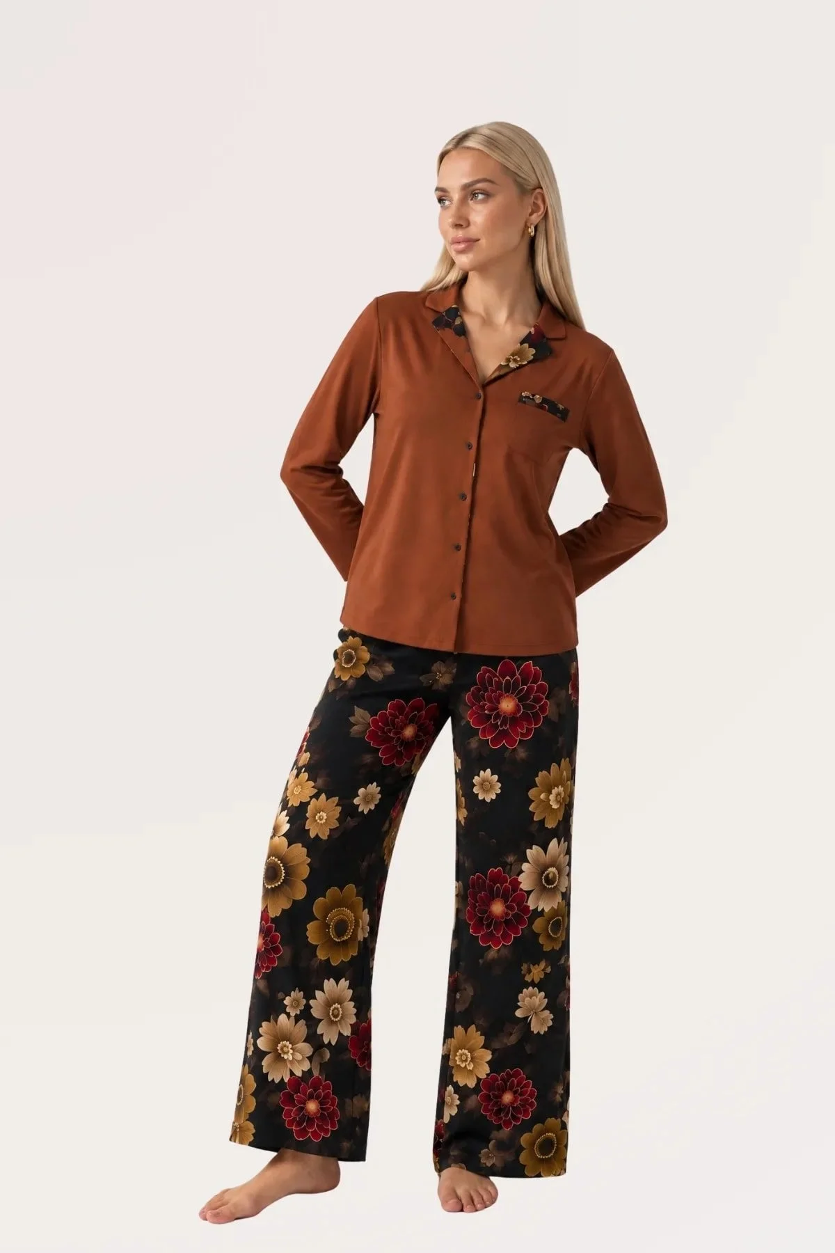 Pjs 30205 Kadın Önü Düğmeli Uzun Kol Pijama Takım