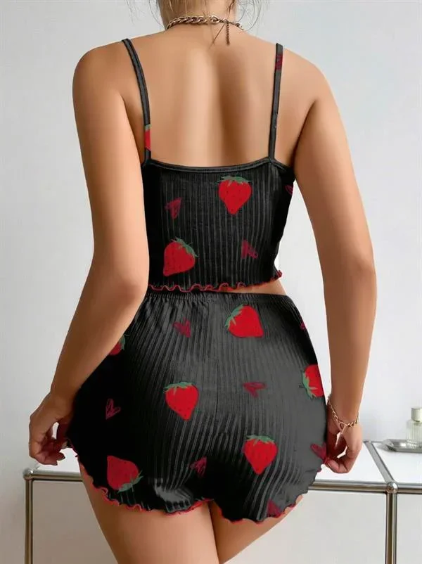 Pamuklu Siyah Üstüne Çilek Desen Fitilli Askılı Şortlu Pijama Takımı görsel 3