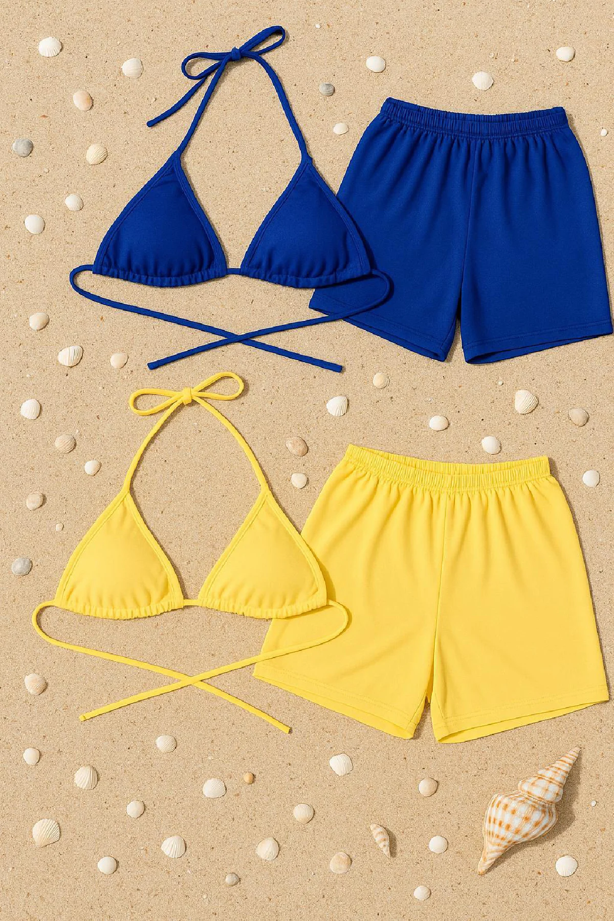 Kadın Sarı ve Mavi Şortlu Belden ve Boyundan Bağlamalı Bikini Takımı görsel 3