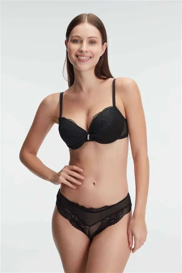 Balenli Destekli Dolgulu Taşlı Dantelli Sütyen ve Slip Takım
