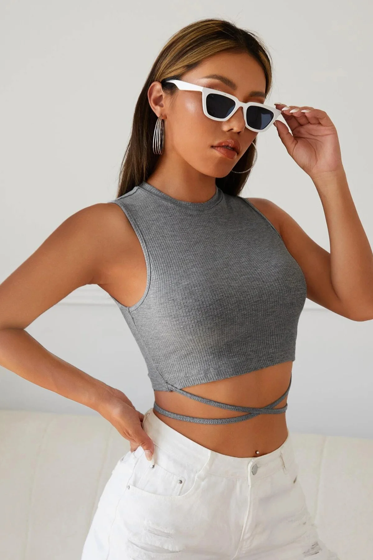 Kadın Gri Çapraz Bağlamalı Crop Top Büstiyer görsel 6