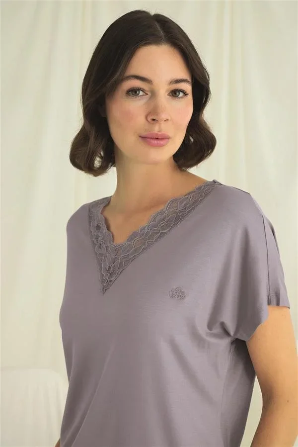 Kısa Kollu V Yakalı Dantelli Pijama Takımı görsel 6