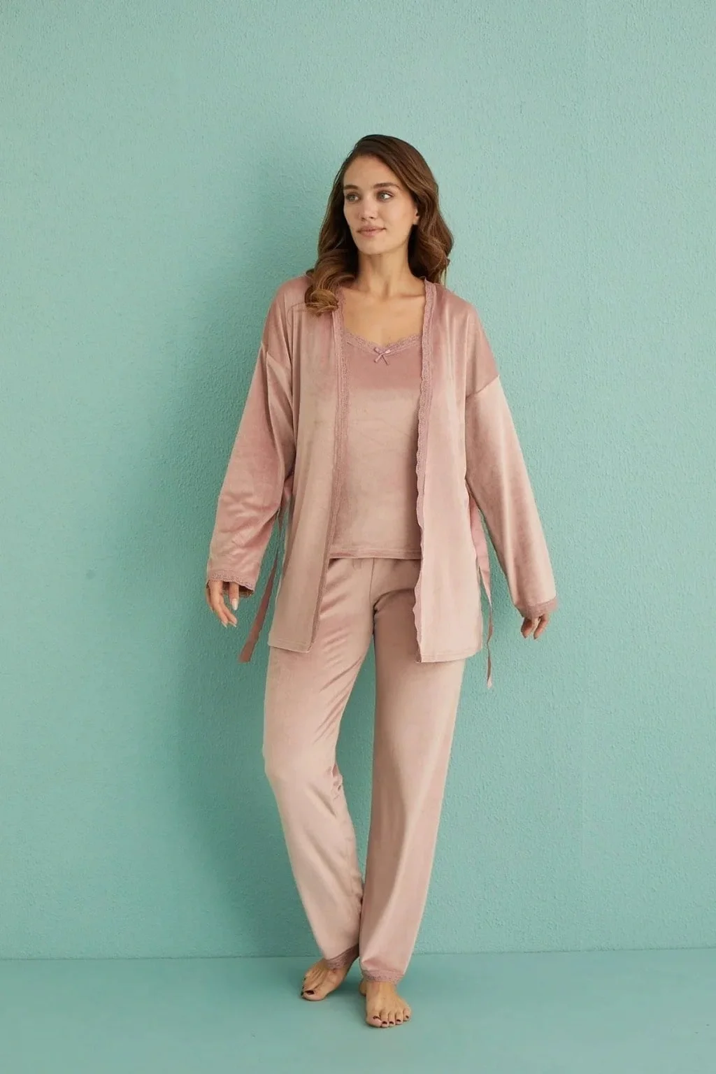 Mihra 13402 Kadın Kadife 3'Lü Pijama Takımı görsel 3