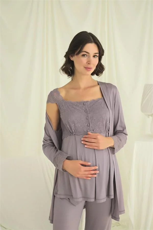 Dantelli Önü Düğmeli Hamile Lohusa 3'lü Pijama Takımı görsel 4