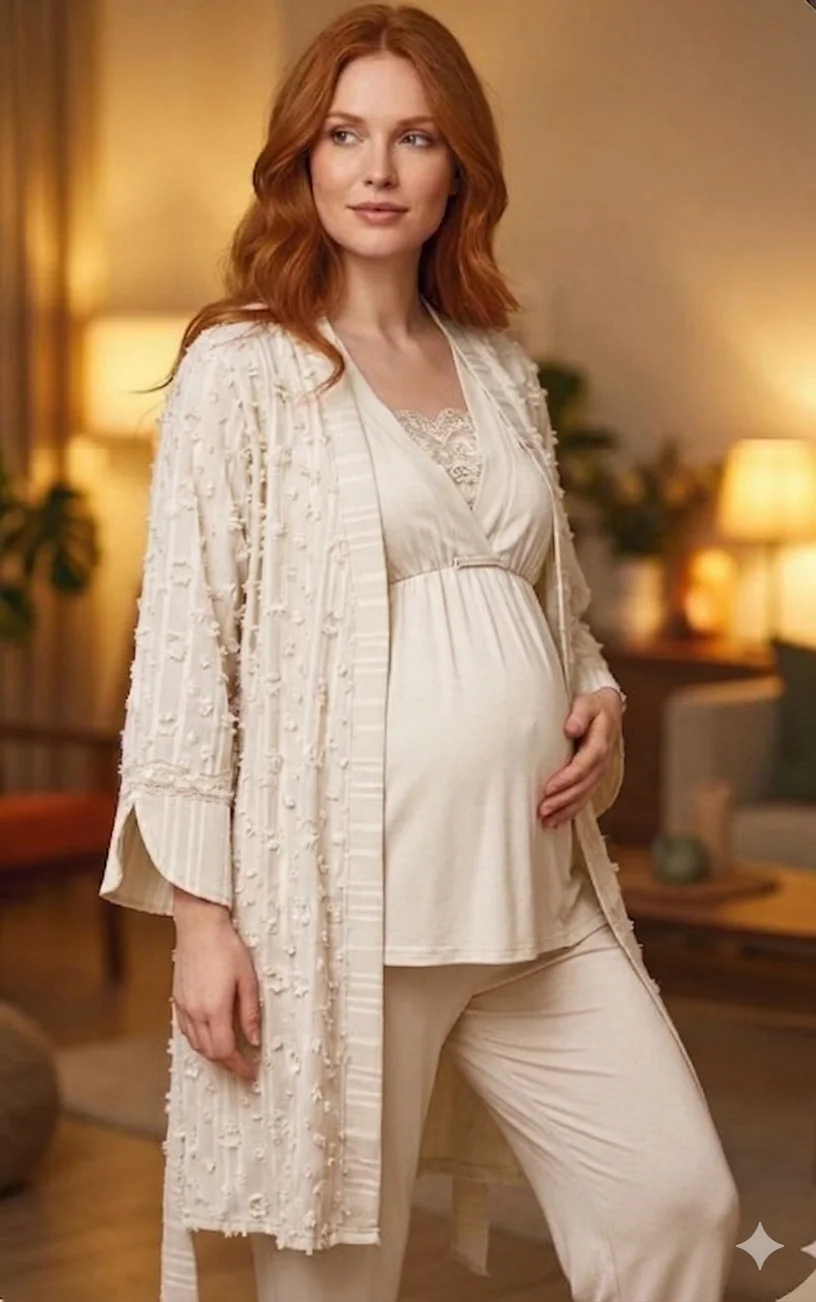 Bone 6209 Kadın 3'lü Dokuma Sabahlıklı Lohusa Pijama Takımı