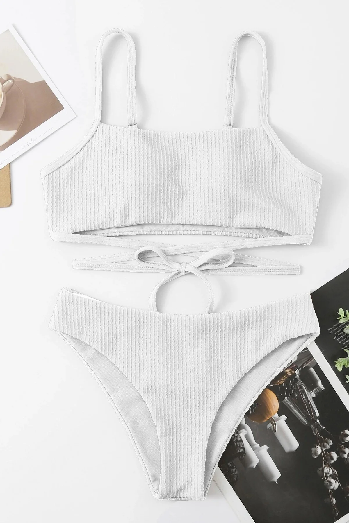 Kadın Beyaz Çapraz Bağlama Detaylı Yüksek Bel Bikini Takımı görsel 4