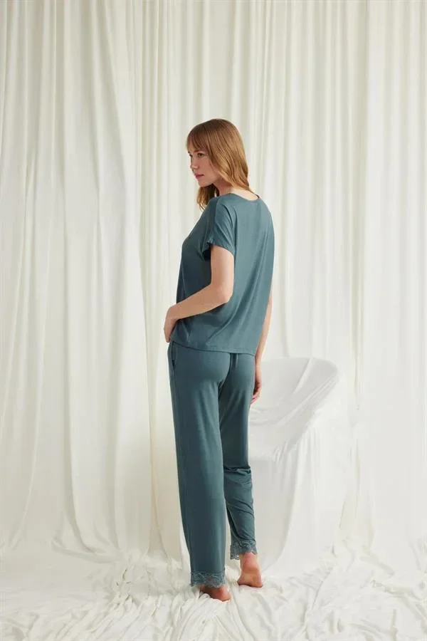 Kısa Kollu V Yakalı Dantelli Pijama Takımı görsel 4