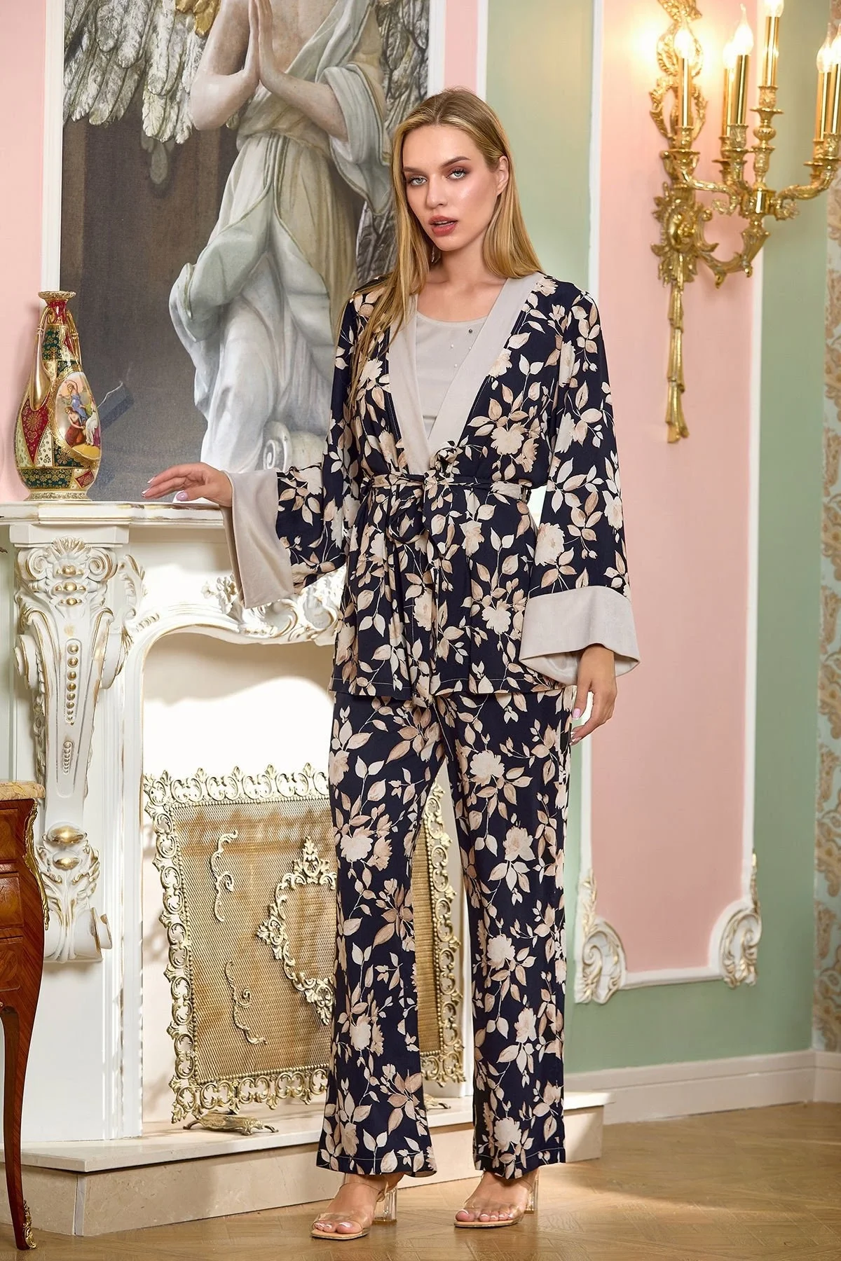 Aqua 25197 Saten Desenli Sabahlıklı 3'lü Pijama Takımı