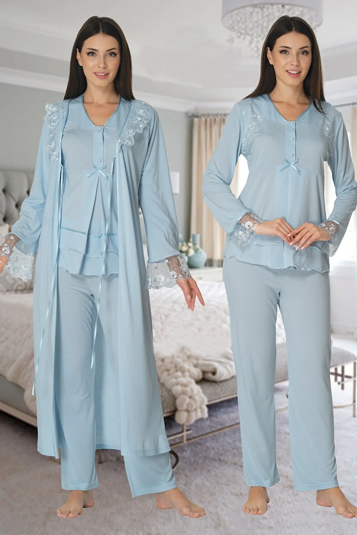 Effortt 2424 Uzun Dantel Sabahlıklı Lohusa Pijama