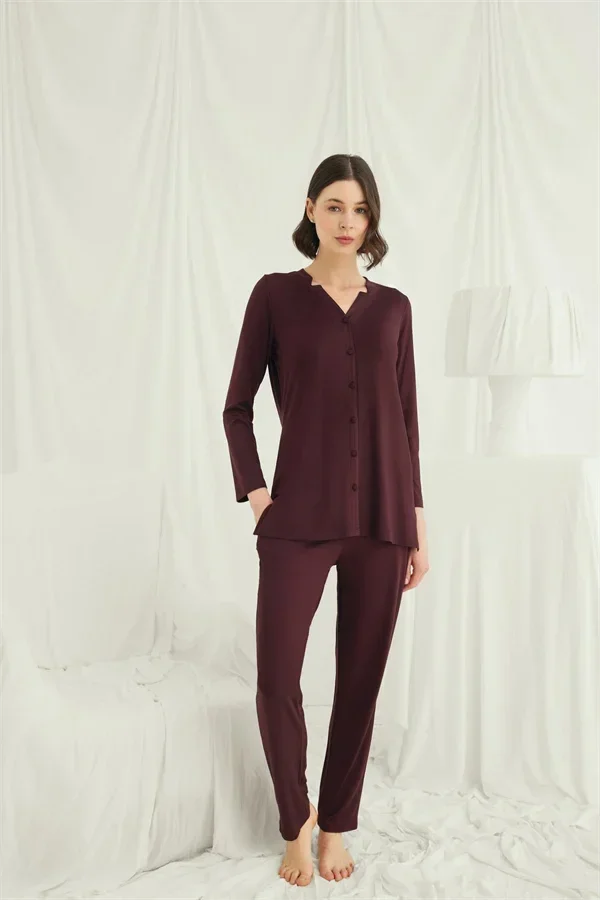 Uzun Kollu Boydan Düğmeli V Yaka Pijama Takımı görsel 2