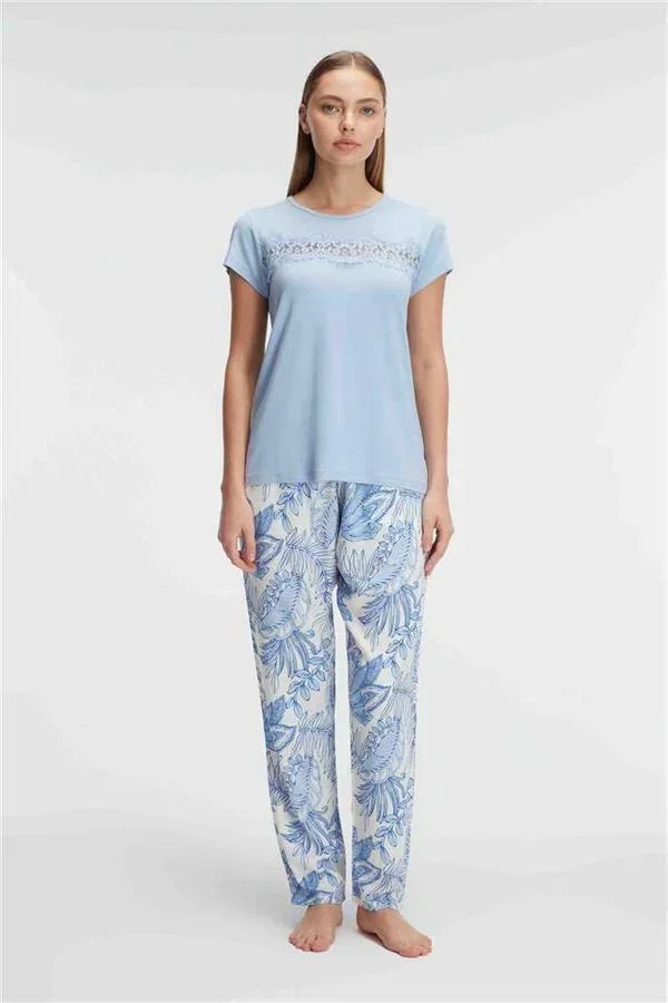 Kısa Kol Bisiklet Yaka Kadın Viskon Çiçek Desenli Yazlık ÖRME Dantel Detaylı Pijama Takımı