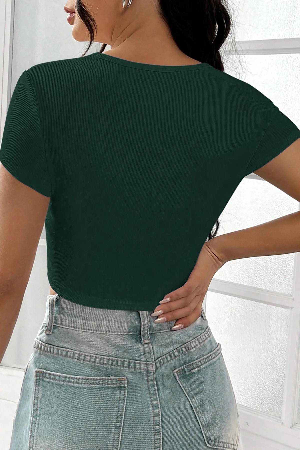Kadın Yeşil Yarım Kol Düz Yaka Crop Top Bluz görsel 2