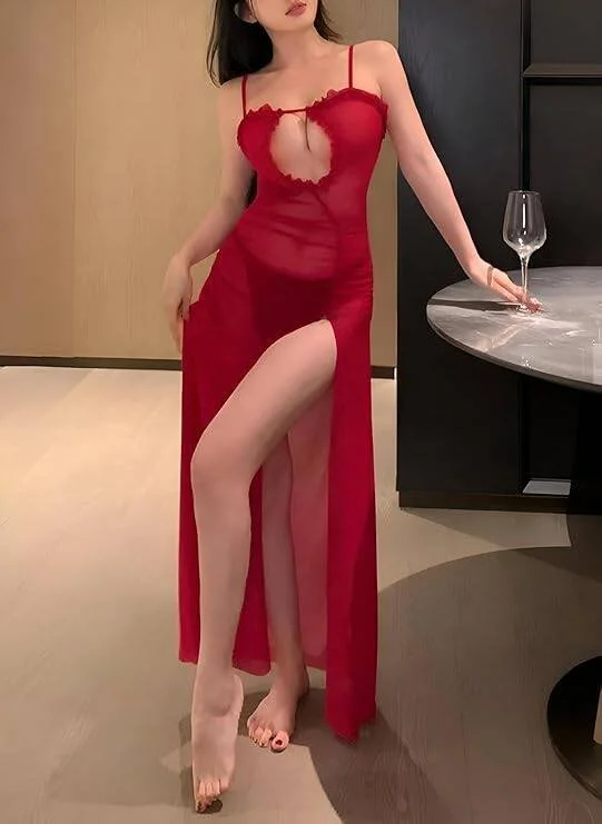 Kadın Kırmızı Yırtmaçlı Gecelik görsel 5