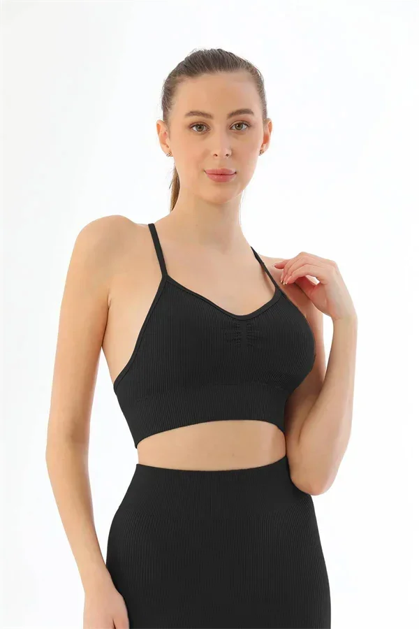 Siyah MI 3921 Soft Seamless Ripli Tayt Yoga Takımı görsel 3