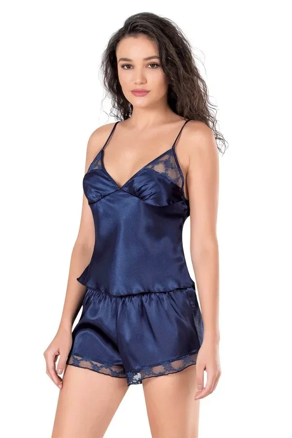 Lacivert Saten Babydoll Şort Takımı görsel 2