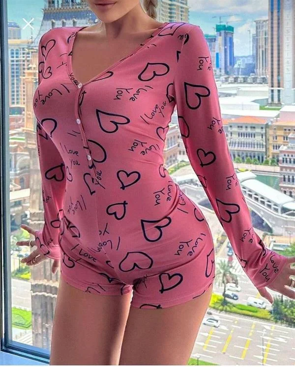 Pamuklu Pembe Siyah Kalp Desenli Düğmeli Uzun Kol Tulum Pijama görsel 3