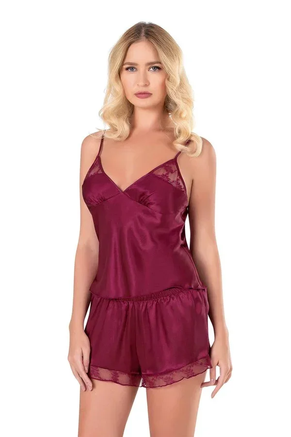 Bordo Saten Babydoll Şort Takımı görsel 2