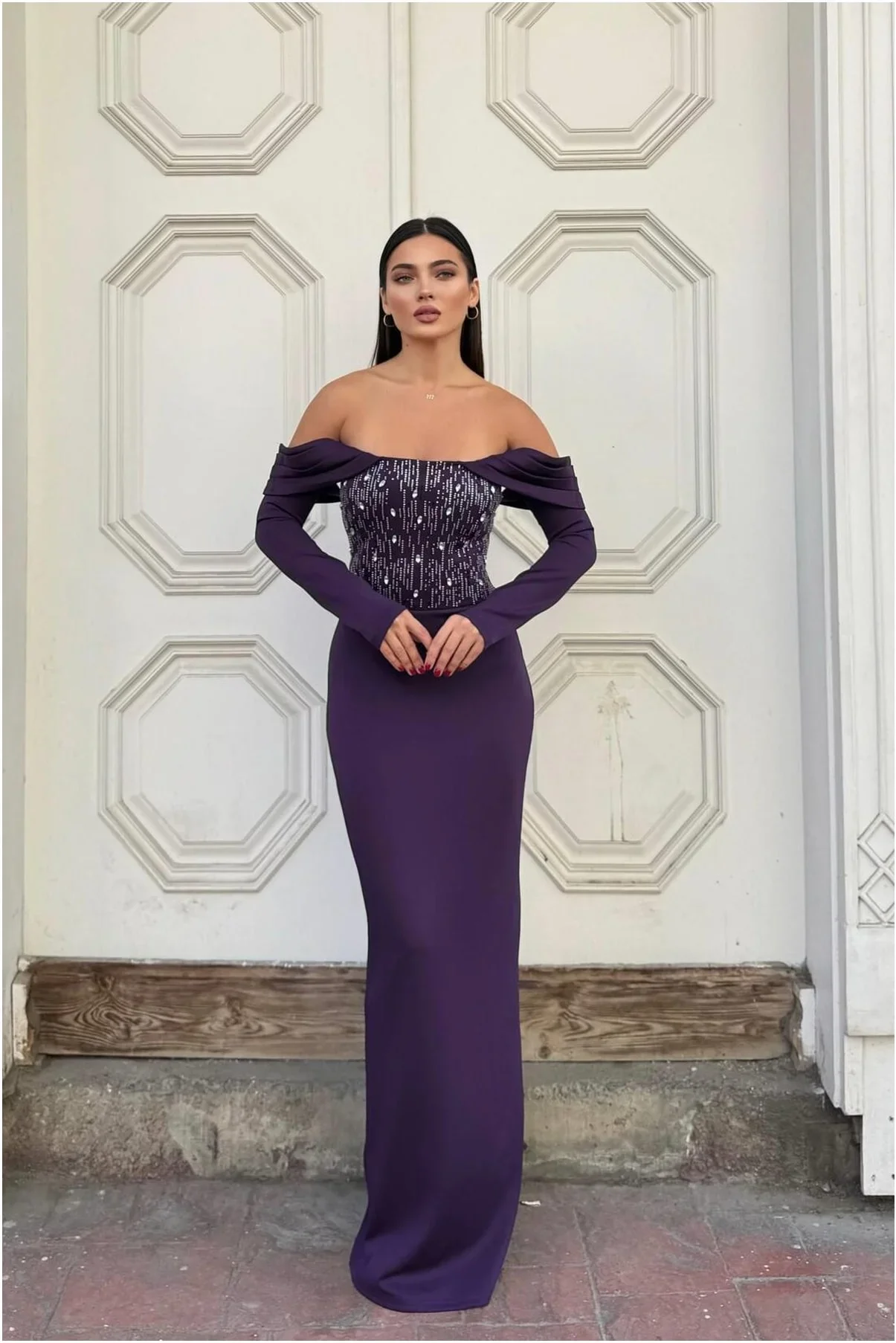 Kadın Modern Dik Yaka Payetli Maxi Uzun Kollu Abiye Elbise görsel 3
