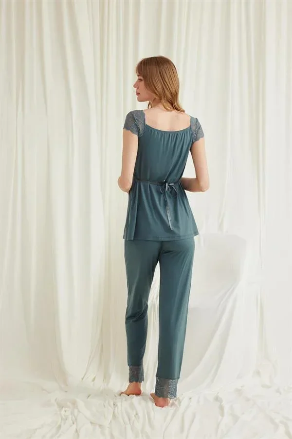 Dantelli Önü Düğmeli Hamile Lohusa 3'lü Viskon Pijama Takımı görsel 8