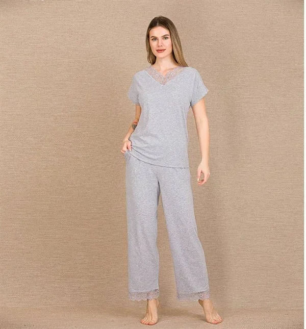 Viskon Şık Tasarım Dantel İşlemeli Gri Kısa Kol Pijama Takımı görsel 2