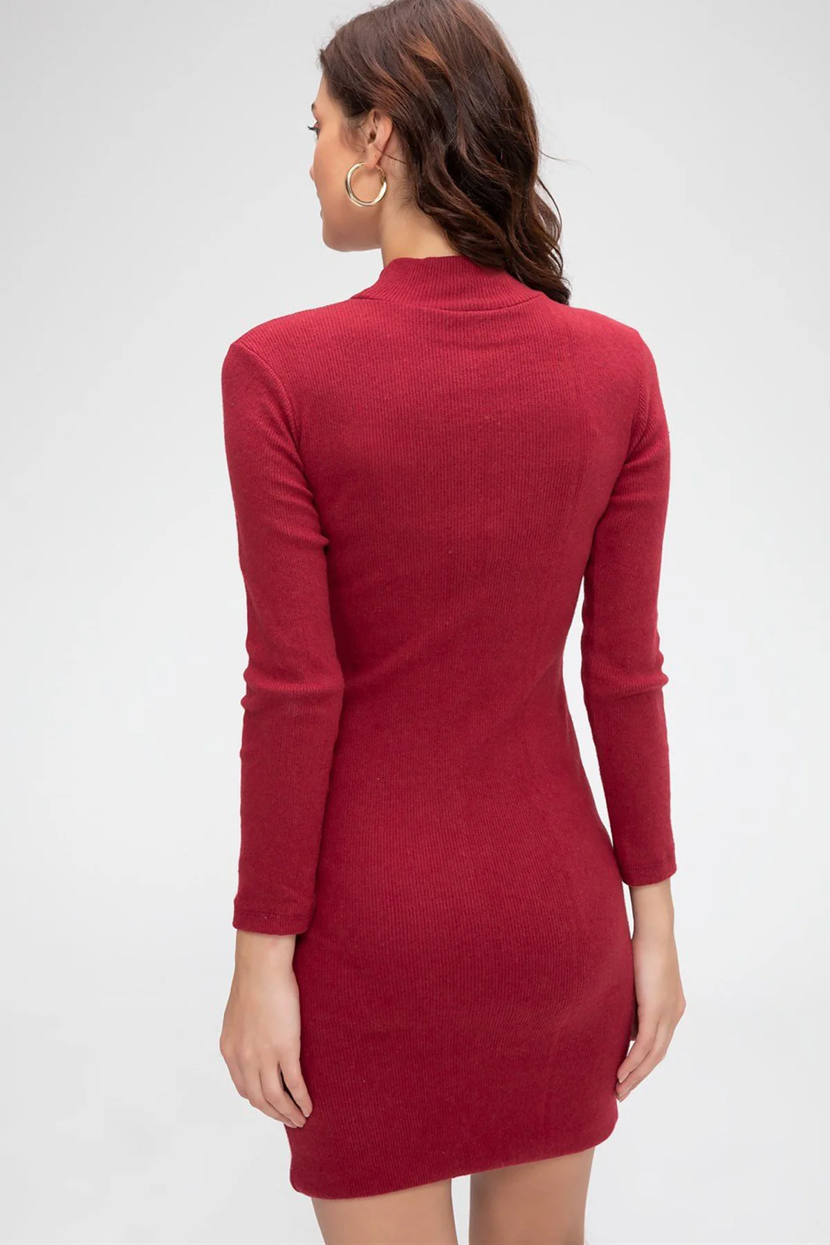 Kadın Bordo Kaşkorse Balıkçı Yaka Uzun Kollu Bodycon Mini Elbise görsel 4