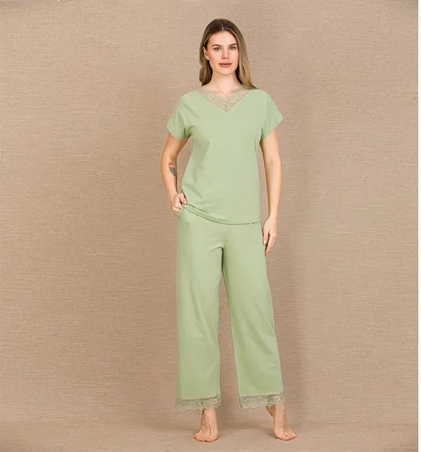 Pamuklu Şık Tasarım Dantel İşlemeli Yeşil Kısa Kol Pijama Takımı