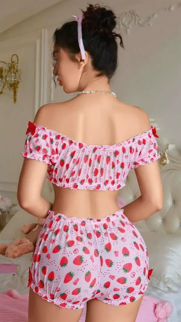 Pembe Çilek Desenli Şortlu Sütyen Takımı görsel 2
