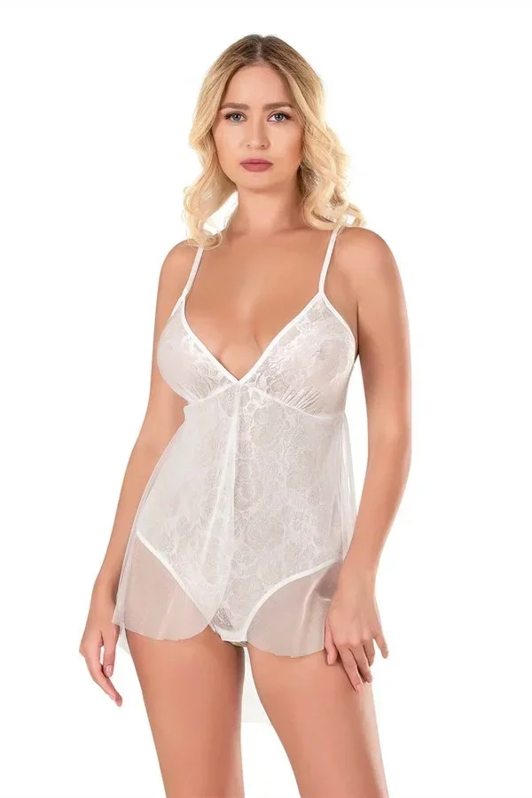 Ekru Jakarlı Bodysuit Gecelik görsel 2