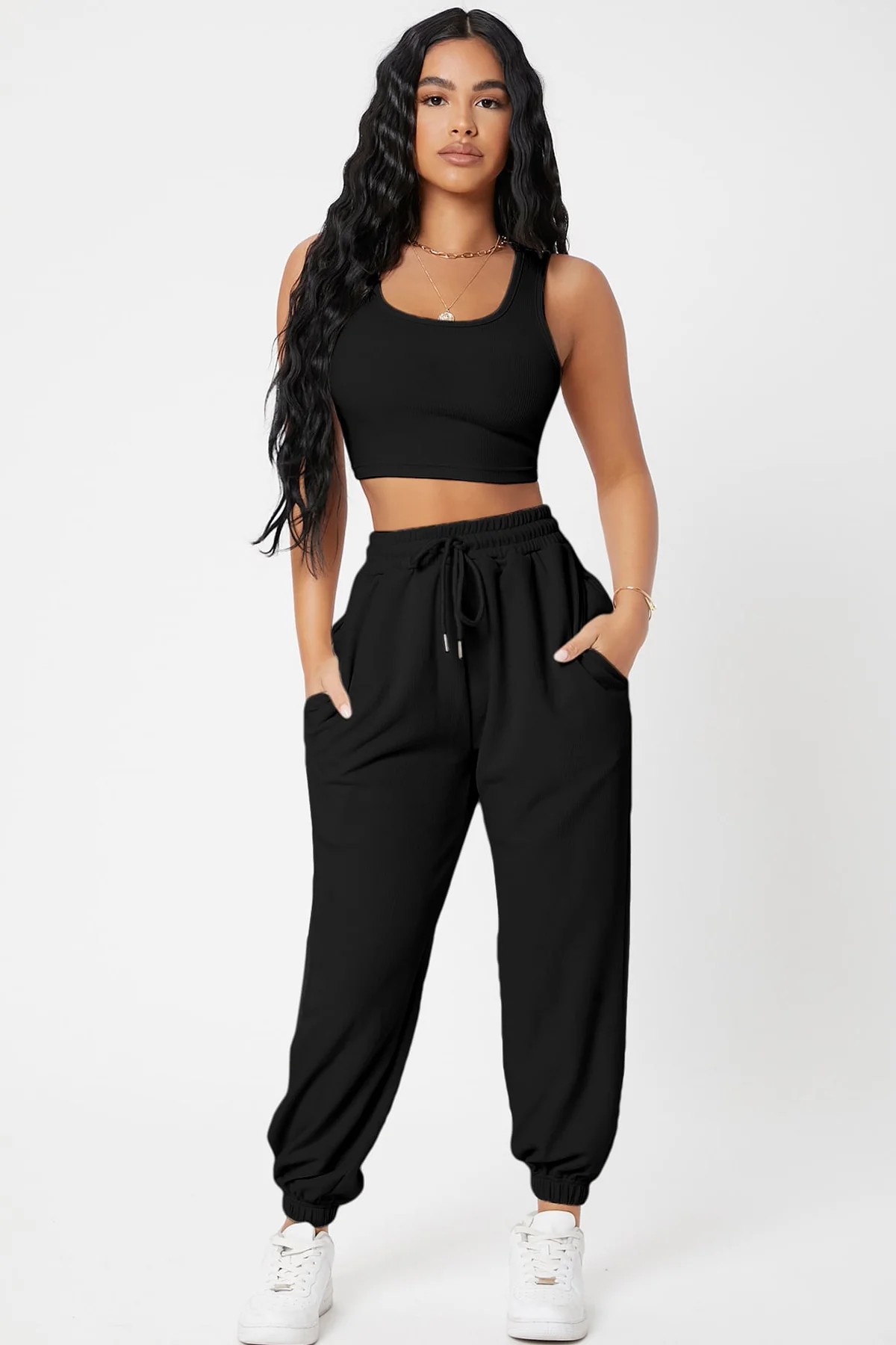 Kadın Siyah Kaşkorse Cepli Jogger Eşofman Altı ve Crop Top Bluz görsel 4